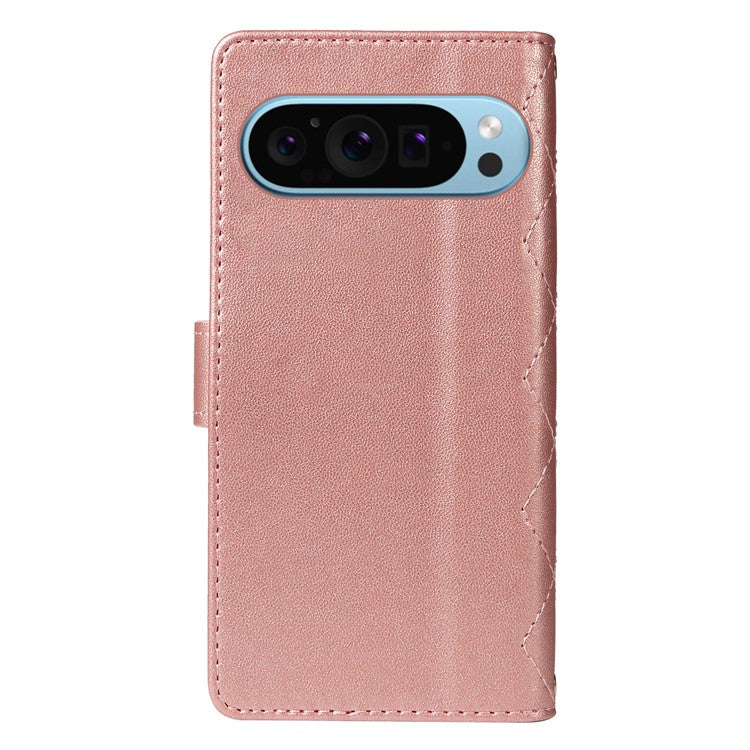 For Google Pixel 9 / Pixel 9 Pro Case Wallet Rhombus Leather Phone Cover with Shoulder Strap, Wrist Strap - Rose Gold