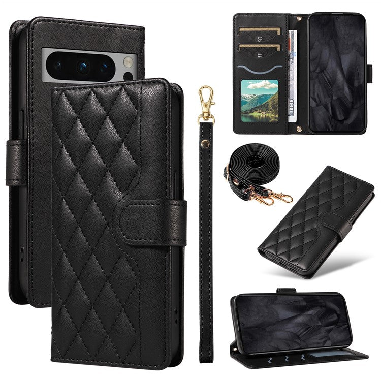 For Google Pixel 8 Pro Case Wallet Rhombus Leather Phone Cover with Shoulder Strap, Wrist Strap - Black