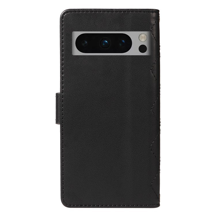 For Google Pixel 8 Pro Case Wallet Rhombus Leather Phone Cover with Shoulder Strap, Wrist Strap - Black