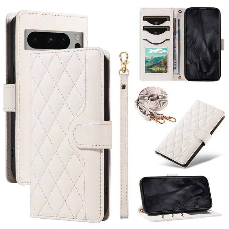 For Google Pixel 8 Pro Case Wallet Rhombus Leather Phone Cover with Shoulder Strap, Wrist Strap - White