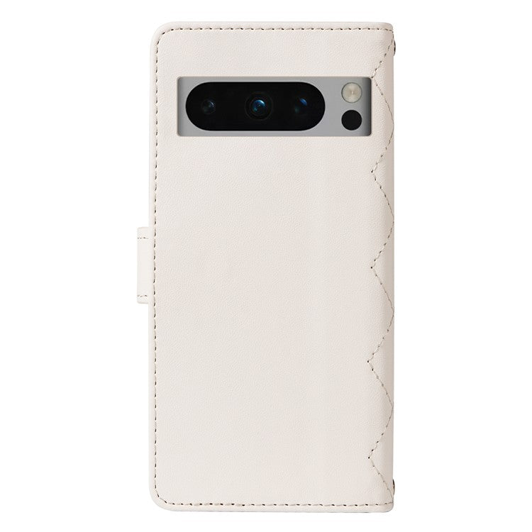 For Google Pixel 8 Pro Case Wallet Rhombus Leather Phone Cover with Shoulder Strap, Wrist Strap - White