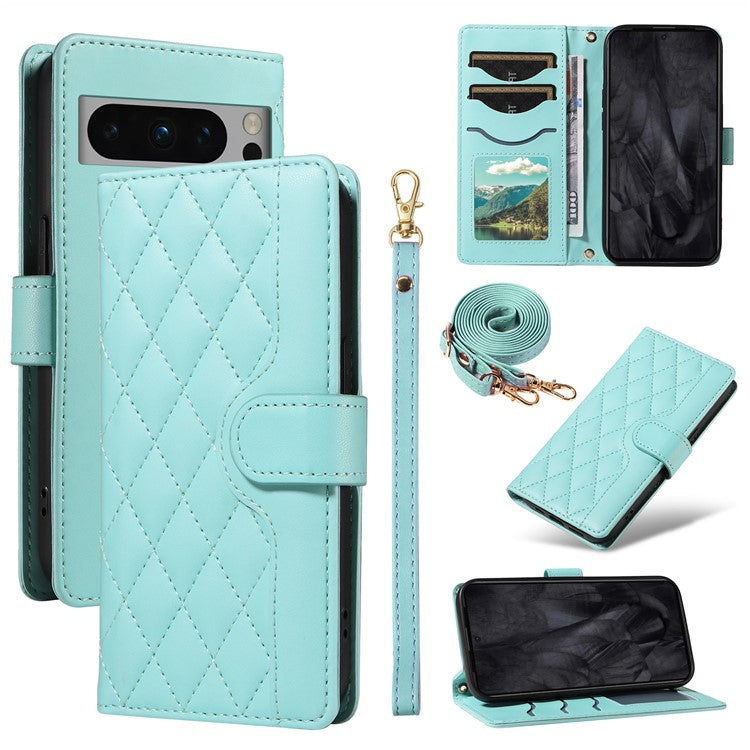 For Google Pixel 8 Pro Case Wallet Rhombus Leather Phone Cover with Shoulder Strap, Wrist Strap - Green