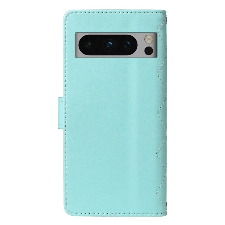 For Google Pixel 8 Pro Case Wallet Rhombus Leather Phone Cover with Shoulder Strap, Wrist Strap - Green