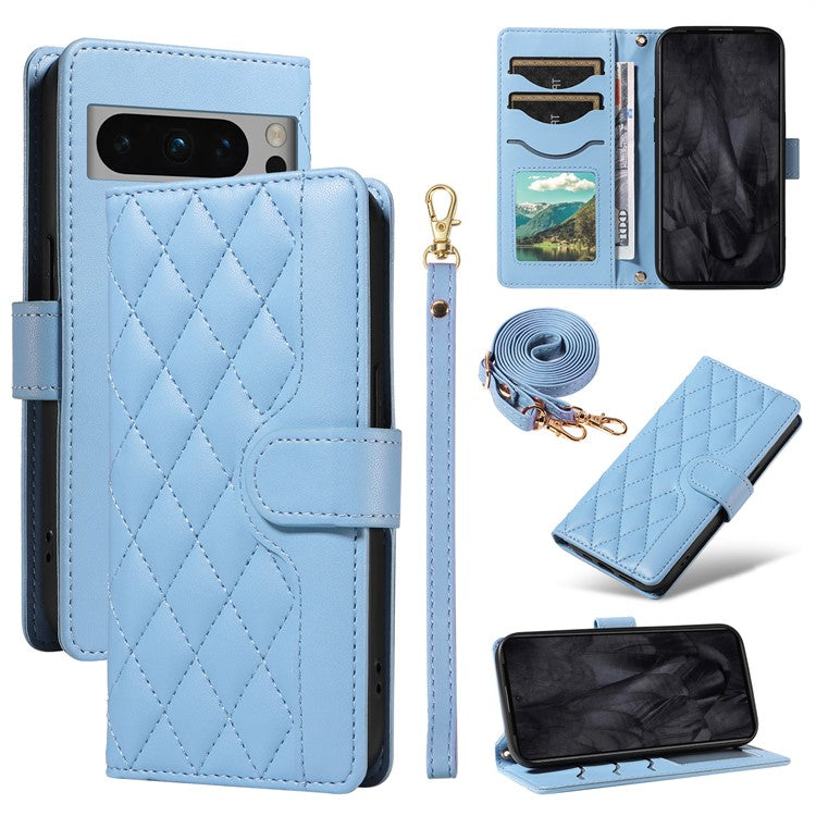 For Google Pixel 8 Pro Case Wallet Rhombus Leather Phone Cover with Shoulder Strap, Wrist Strap - Blue