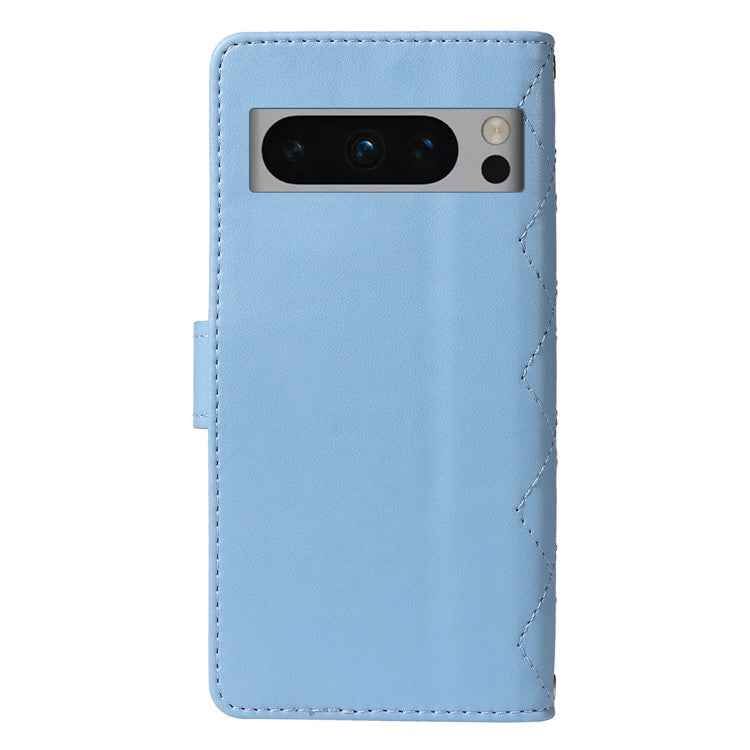 For Google Pixel 8 Pro Case Wallet Rhombus Leather Phone Cover with Shoulder Strap, Wrist Strap - Blue