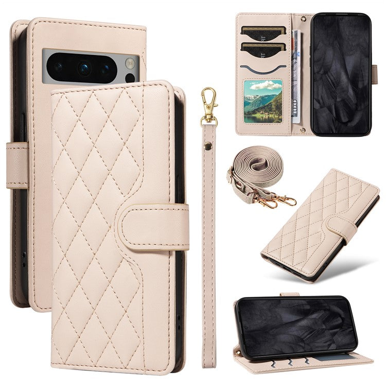 For Google Pixel 8 Pro Case Wallet Rhombus Leather Phone Cover with Shoulder Strap, Wrist Strap - Apricot