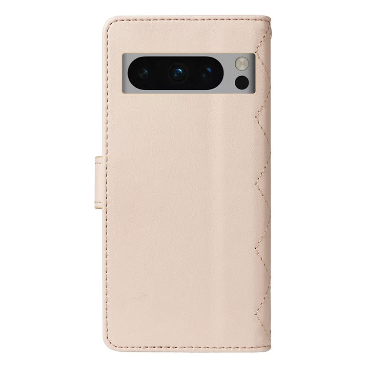 For Google Pixel 8 Pro Case Wallet Rhombus Leather Phone Cover with Shoulder Strap, Wrist Strap - Apricot