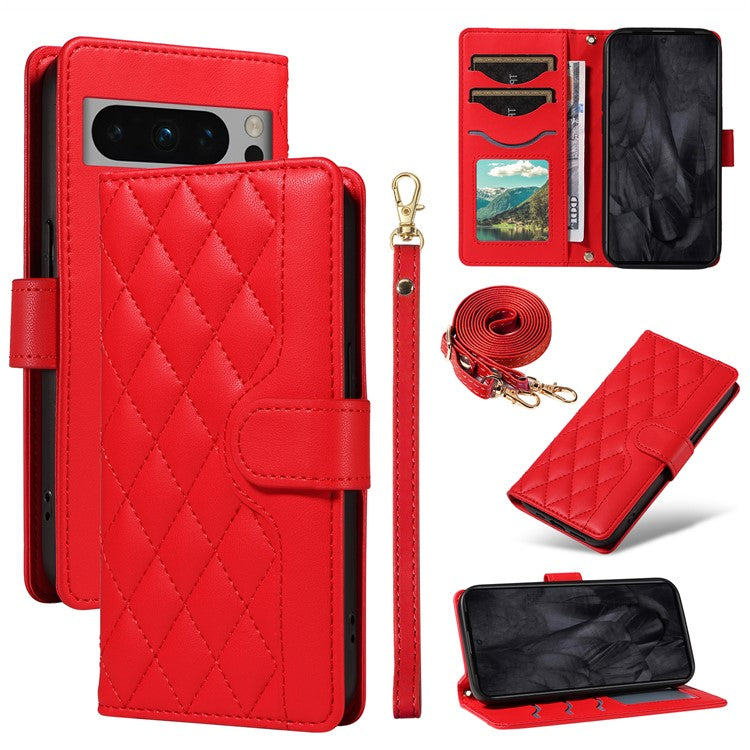 For Google Pixel 8 Pro Case Wallet Rhombus Leather Phone Cover with Shoulder Strap, Wrist Strap - Red