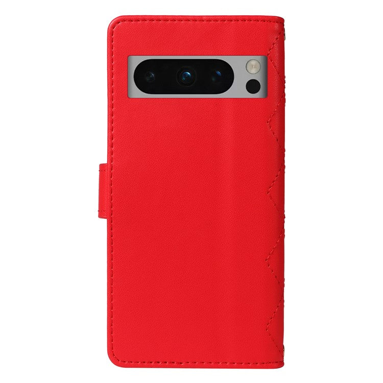 For Google Pixel 8 Pro Case Wallet Rhombus Leather Phone Cover with Shoulder Strap, Wrist Strap - Red