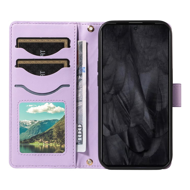 For Google Pixel 8 Pro Case Wallet Rhombus Leather Phone Cover with Shoulder Strap, Wrist Strap - Light Purple