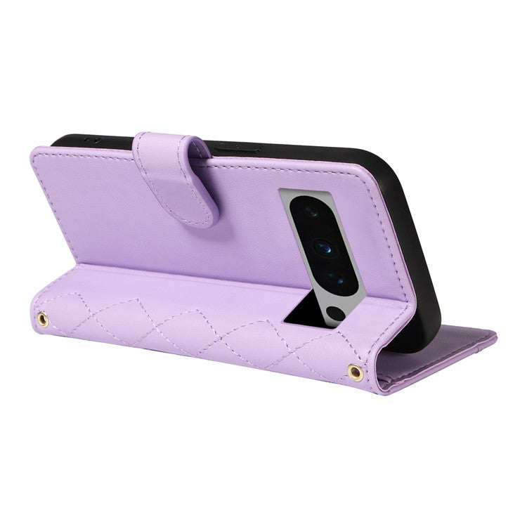 For Google Pixel 8 Pro Case Wallet Rhombus Leather Phone Cover with Shoulder Strap, Wrist Strap - Light Purple