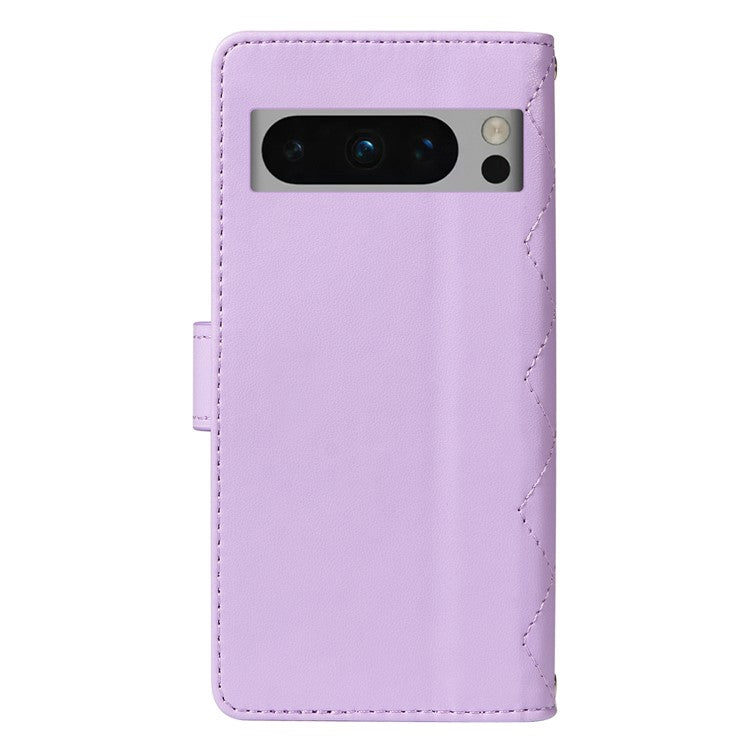 For Google Pixel 8 Pro Case Wallet Rhombus Leather Phone Cover with Shoulder Strap, Wrist Strap - Light Purple