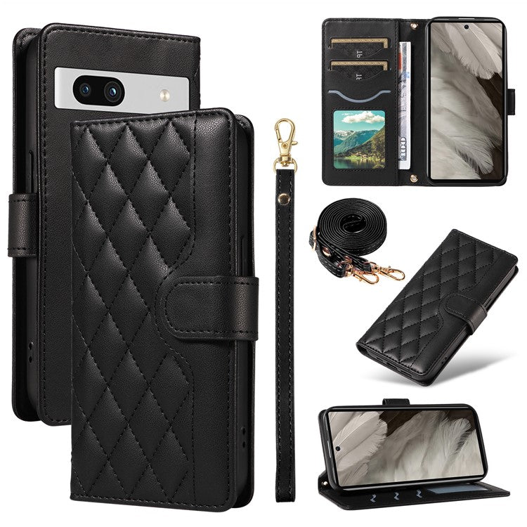 For Google Pixel 7a Case Wallet Rhombus Leather Phone Cover with Shoulder Strap, Wrist Strap - Black