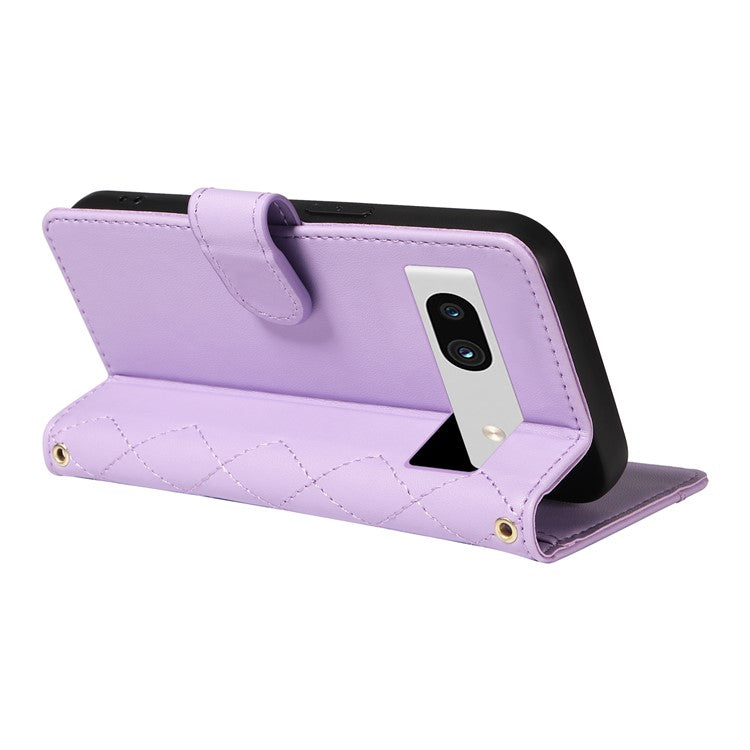 For Google Pixel 7a Case Wallet Rhombus Leather Phone Cover with Shoulder Strap, Wrist Strap - Light Purple