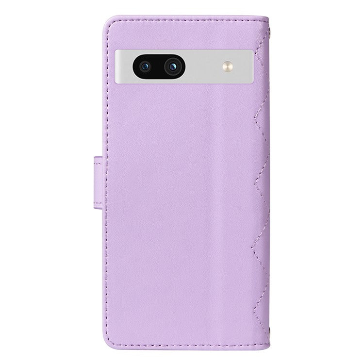 For Google Pixel 7a Case Wallet Rhombus Leather Phone Cover with Shoulder Strap, Wrist Strap - Light Purple