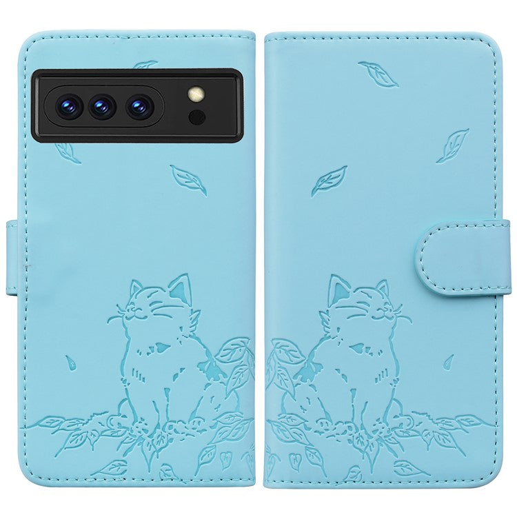 For Google Pixel 8 Pro Case Wallet Cat Pattern Imprinted Leather Phone Cover - Sky Blue