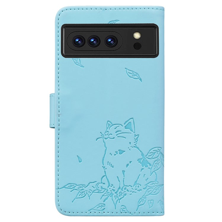 For Google Pixel 8 Pro Case Wallet Cat Pattern Imprinted Leather Phone Cover - Sky Blue