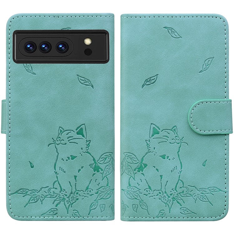 For Google Pixel 8 Pro Case Wallet Cat Pattern Imprinted Leather Phone Cover - Green