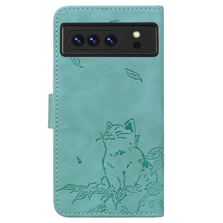 For Google Pixel 8 Pro Case Wallet Cat Pattern Imprinted Leather Phone Cover - Green