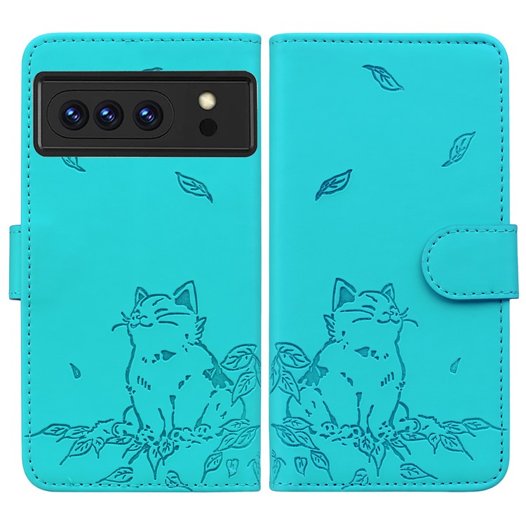 For Google Pixel 8 Pro Case Wallet Cat Pattern Imprinted Leather Phone Cover - Lake Blue