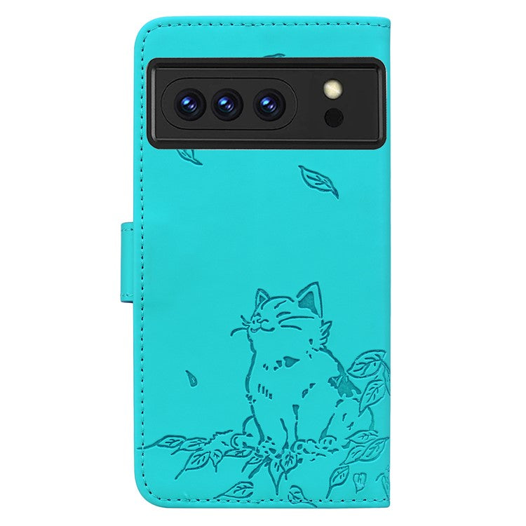 For Google Pixel 8 Pro Case Wallet Cat Pattern Imprinted Leather Phone Cover - Lake Blue