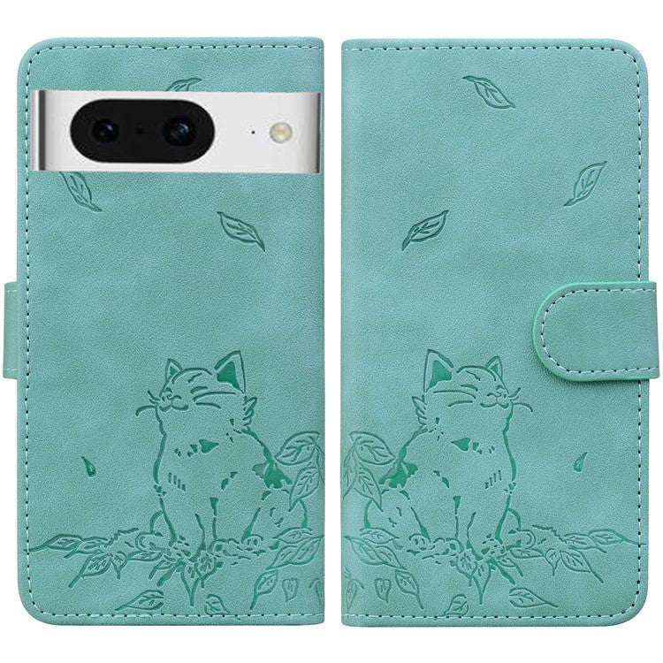 For Google Pixel 8 Case Wallet Cat Pattern Imprinted Leather Phone Cover - Green