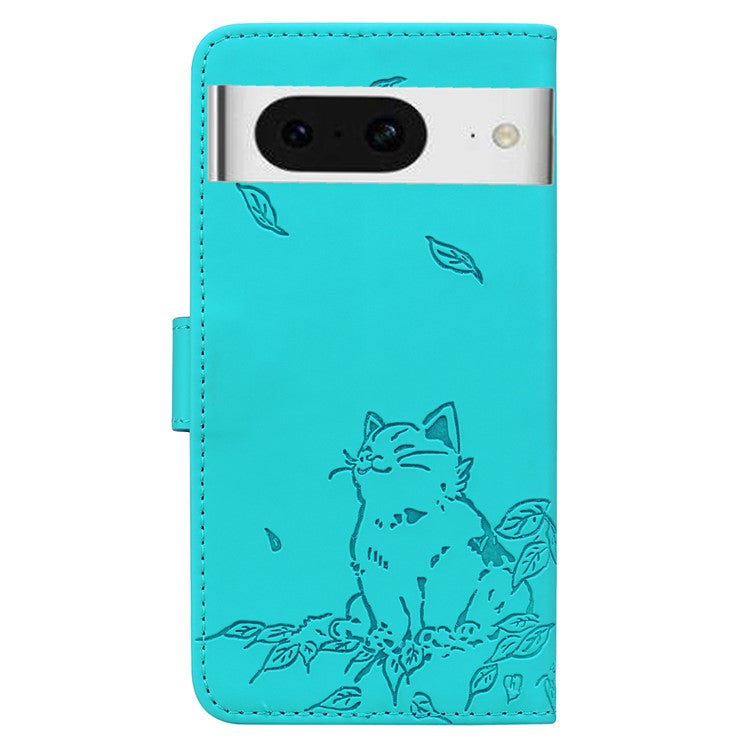 For Google Pixel 8 Case Wallet Cat Pattern Imprinted Leather Phone Cover - Lake Blue