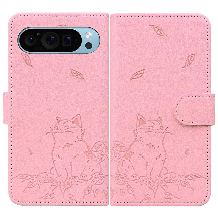 For Google Pixel 9 Pro XL Case Wallet Cat Pattern Imprinted Leather Phone Cover - Pink