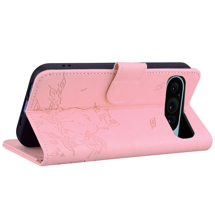 For Google Pixel 9 Pro XL Case Wallet Cat Pattern Imprinted Leather Phone Cover - Pink