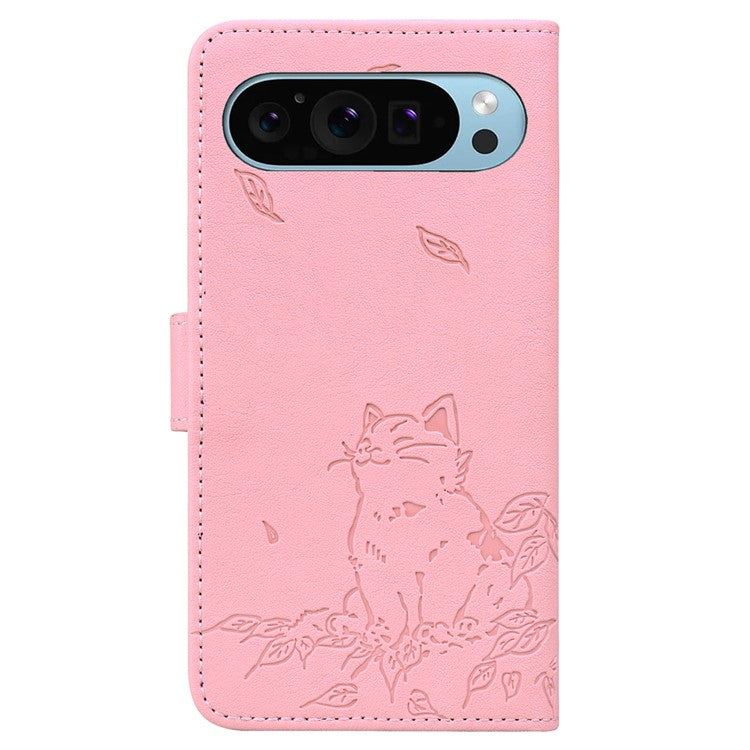 For Google Pixel 9 Pro XL Case Wallet Cat Pattern Imprinted Leather Phone Cover - Pink