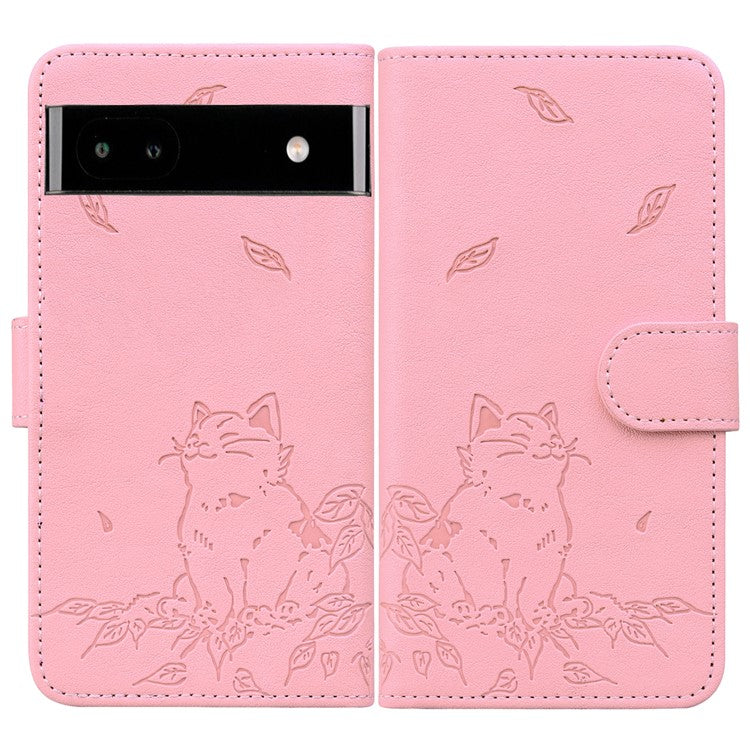 For Google Pixel 7a Case Wallet Cat Pattern Imprinted Leather Phone Cover - Pink