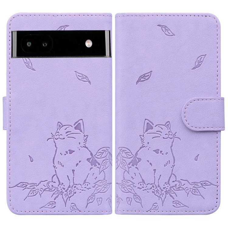 For Google Pixel 7a Case Wallet Cat Pattern Imprinted Leather Phone Cover - Purple