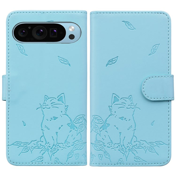 For Google Pixel 9 / Pixel 9 Pro Case Wallet Cat Pattern Imprinted Leather Phone Cover - Sky Blue