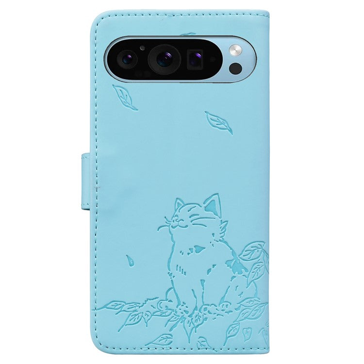 For Google Pixel 9 / Pixel 9 Pro Case Wallet Cat Pattern Imprinted Leather Phone Cover - Sky Blue