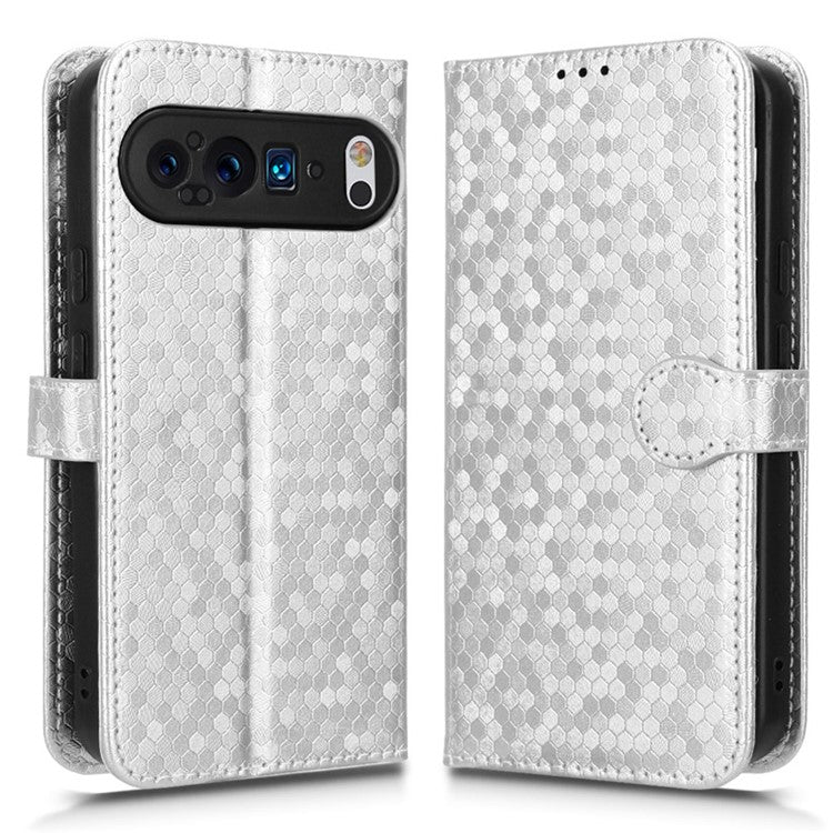 For Google Pixel 9 Pro XL Wallet Case Dot Pattern Imprint PU Leather Phone Cover - Silver