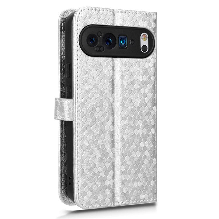 For Google Pixel 9 Pro XL Wallet Case Dot Pattern Imprint PU Leather Phone Cover - Silver