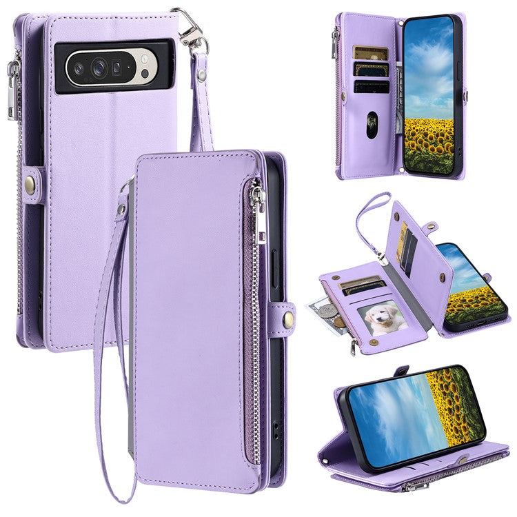 015 Style For Google Pixel 9 Pro XL Case TPU+PU Leather Wallet Phone Cover with Straps - Purple