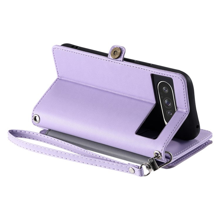 015 Style For Google Pixel 9 Pro XL Case TPU+PU Leather Wallet Phone Cover with Straps - Purple