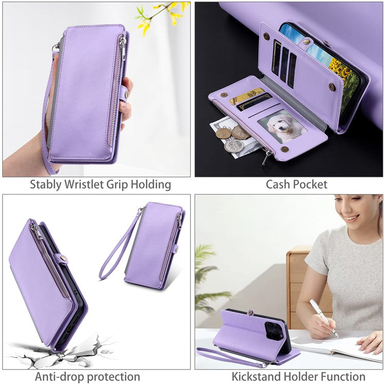 015 Style For Google Pixel 9 Pro XL Case TPU+PU Leather Wallet Phone Cover with Straps - Purple