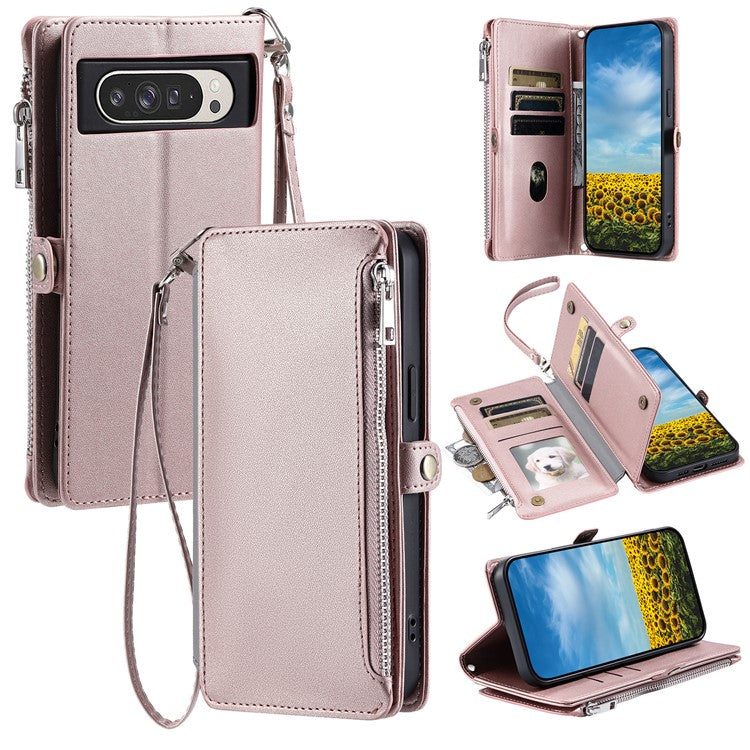 015 Style For Google Pixel 9 Pro XL Case TPU+PU Leather Wallet Phone Cover with Straps - Rose Gold