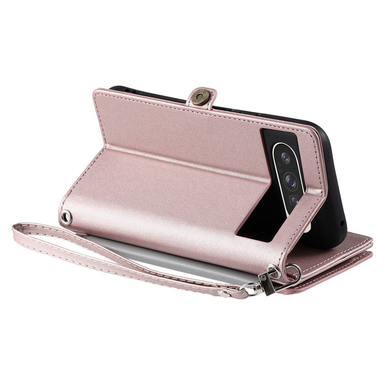 015 Style For Google Pixel 9 Pro XL Case TPU+PU Leather Wallet Phone Cover with Straps - Rose Gold