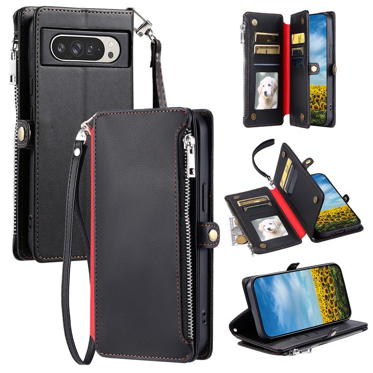 015 Style For Google Pixel 9 Pro XL Case TPU+PU Leather Wallet Phone Cover with Straps - Black