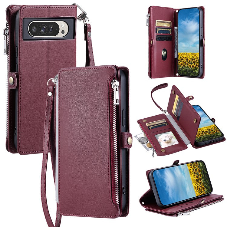 015 Style For Google Pixel 9 Pro XL Case TPU+PU Leather Wallet Phone Cover with Straps - Wine Red