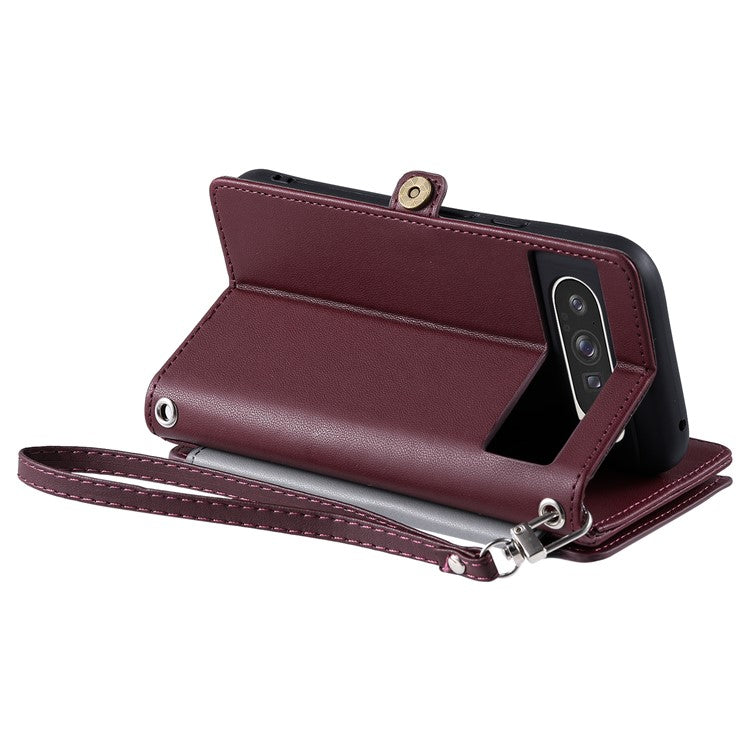 015 Style For Google Pixel 9 Pro XL Case TPU+PU Leather Wallet Phone Cover with Straps - Wine Red