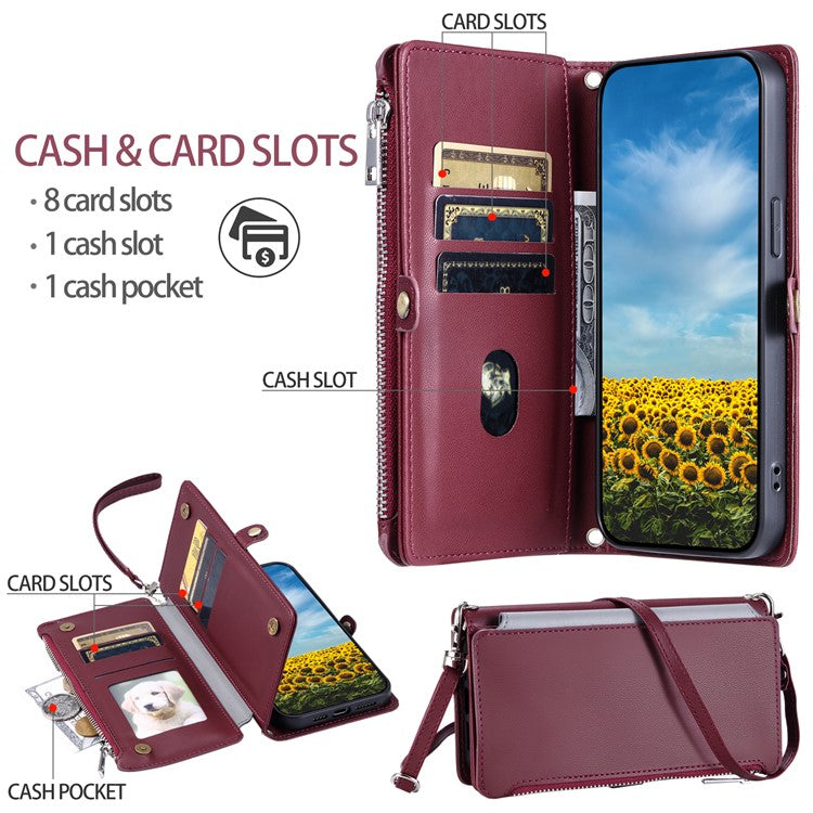 015 Style For Google Pixel 9 Pro XL Case TPU+PU Leather Wallet Phone Cover with Straps - Wine Red