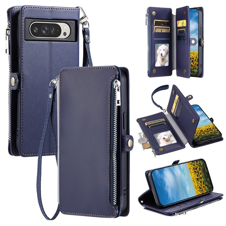 015 Style For Google Pixel 9 Pro XL Case TPU+PU Leather Wallet Phone Cover with Straps - Blue