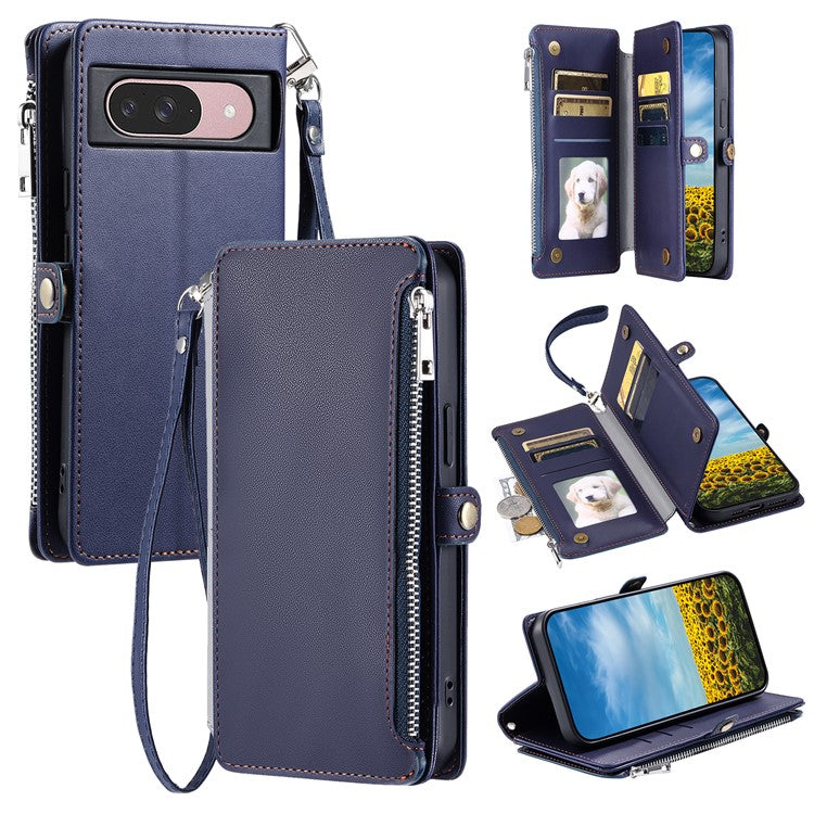 015 Style For Google Pixel 9 / 9 Pro Case TPU+PU Leather Wallet Phone Cover with Straps - Blue