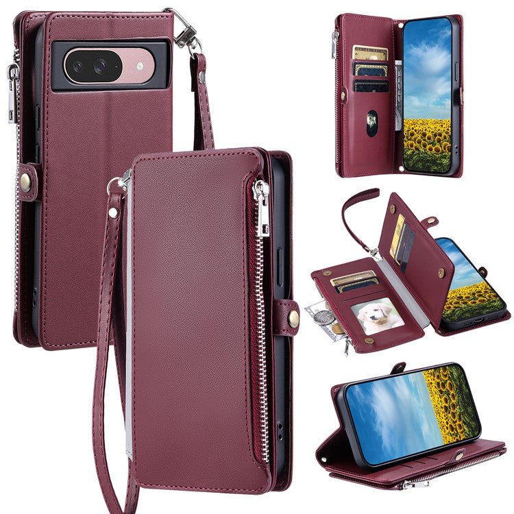 015 Style For Google Pixel 9 / 9 Pro Case TPU+PU Leather Wallet Phone Cover with Straps - Wine Red