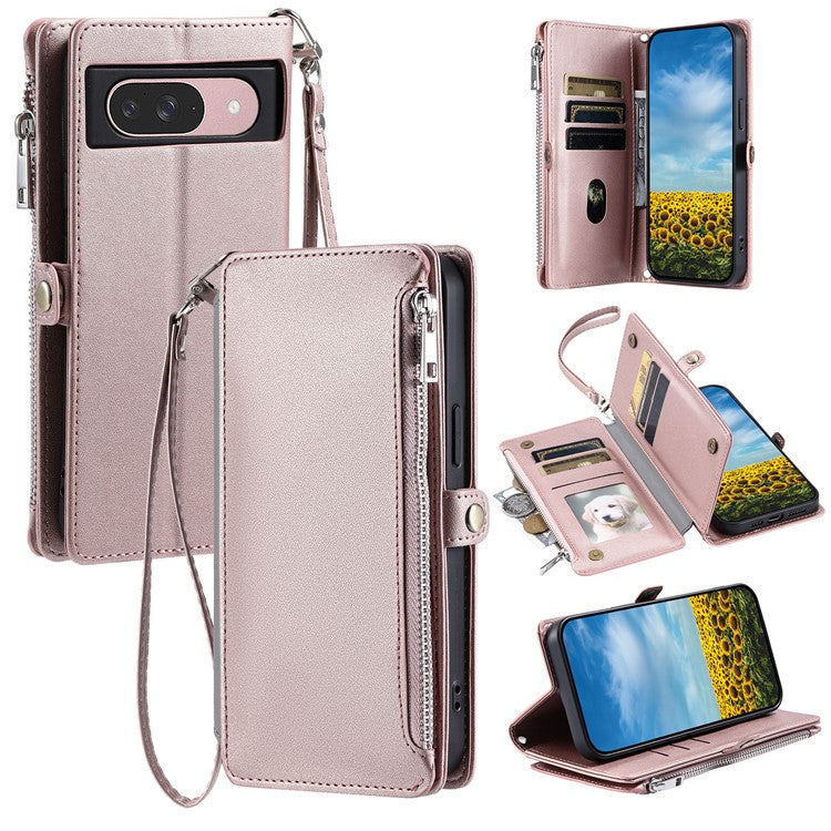 015 Style For Google Pixel 9 / 9 Pro Case TPU+PU Leather Wallet Phone Cover with Straps - Rose Gold