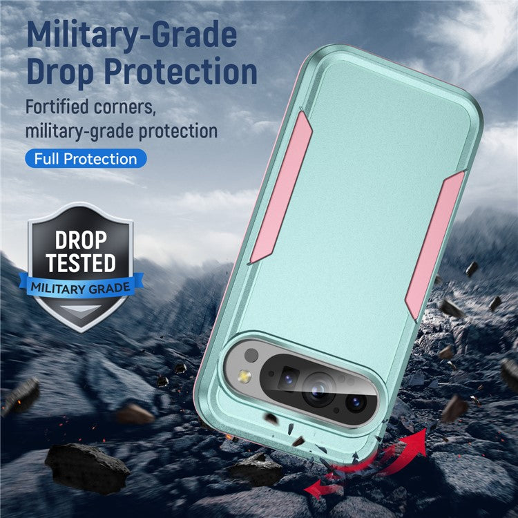 For Google Pixel 9 / Pixel 9 Pro Case PC+TPU Military Grade Drop Protective Phone Cover - Green+Pink